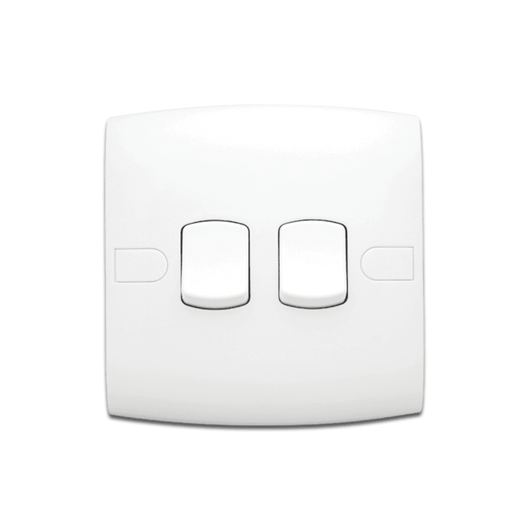 Alfanar AB202 2 gang 2 way 10A electrical switch 7x7 available in white, beige, and remal finishes for residential and commercial wiring.