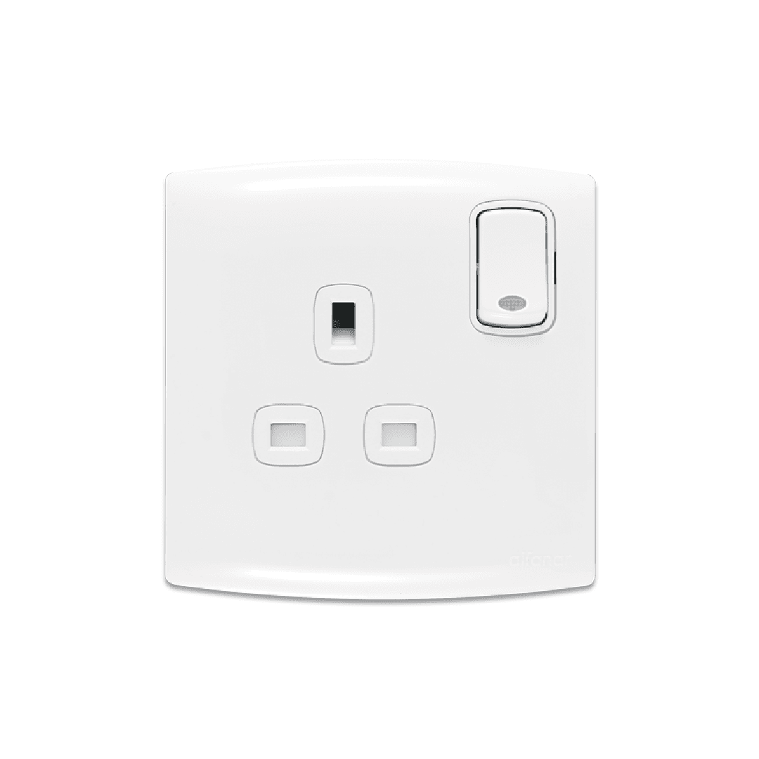 Alfanar AN23 1 gang 13A double pole switched electrical socket with LED indicator 7x7 available in white and beige finishes.