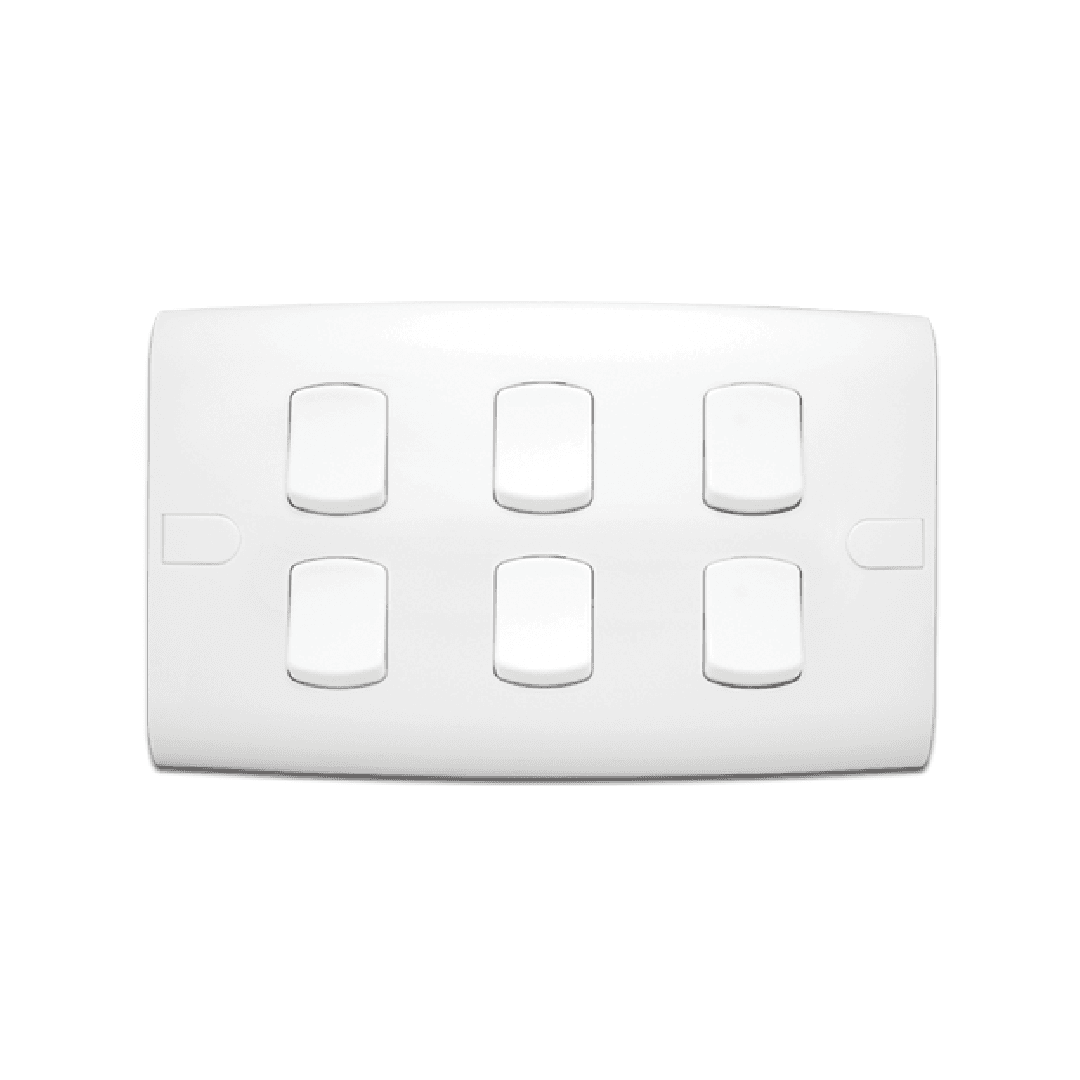 Alfanar AB2602 rectangular 7x14 6 gang 2 way 10A electrical switch available in white, beige, and remal finishes for complex commercial wiring.