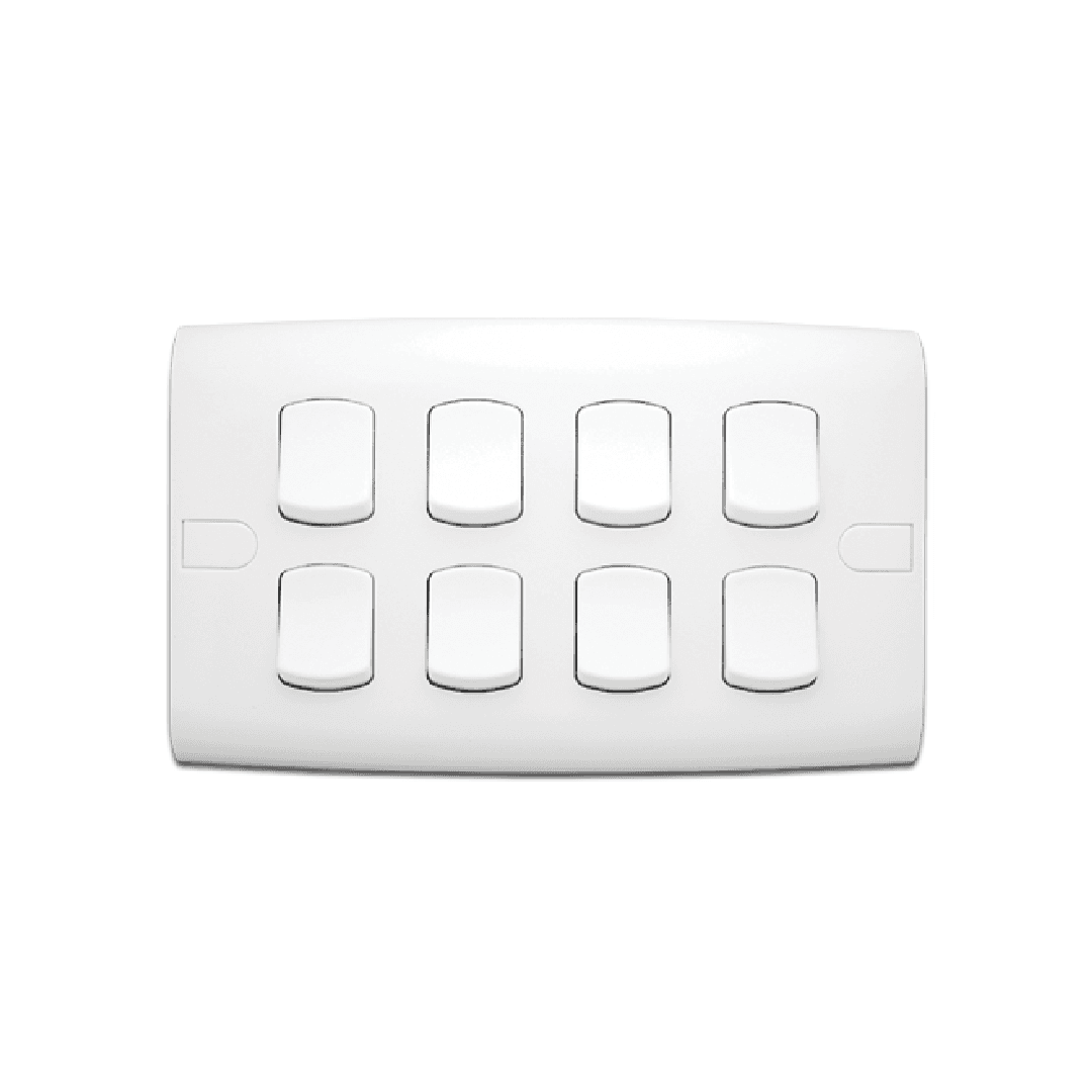 Alfanar AB2802 rectangular 7x14 8 gang 2 way 10A electrical switch available in white, beige, and remal finishes for complex commercial wiring.