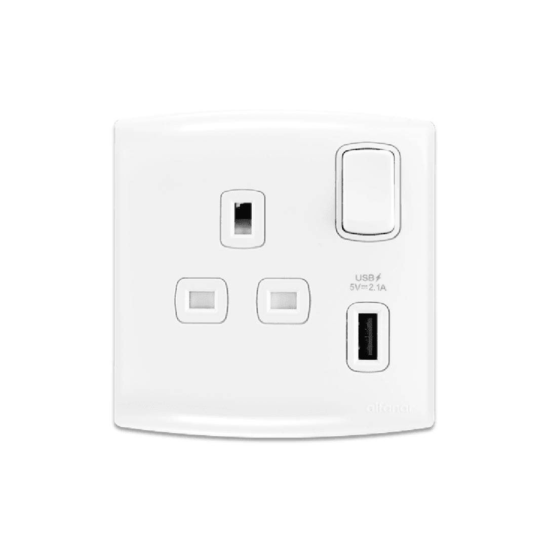 Alfanar AN107 13A switched electrical socket with a 2.1A USB charging port 7x7 available in white and beige finishes.