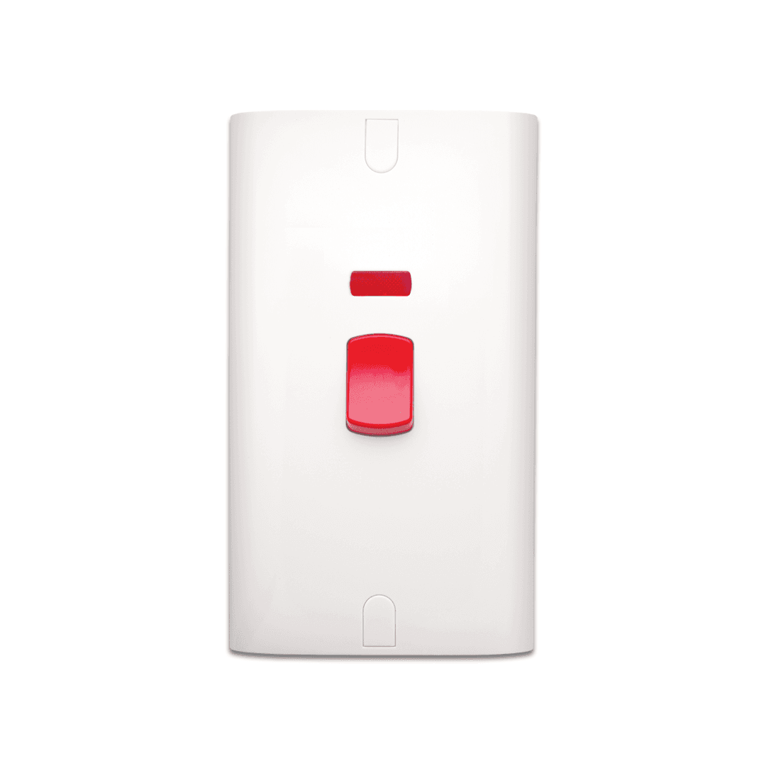 Alfanar AN18 rectangular 7x14 ultra heavy-duty 45A double pole electrical switch with LED indicator, available in white, beige, and remal finishes.