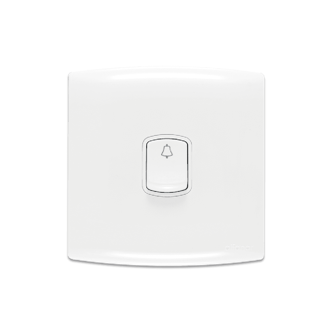 Alfanar AB103 1 gang bell push momentary electrical switch 10A 7x7 available in white and beige finishes for residential doorbells.