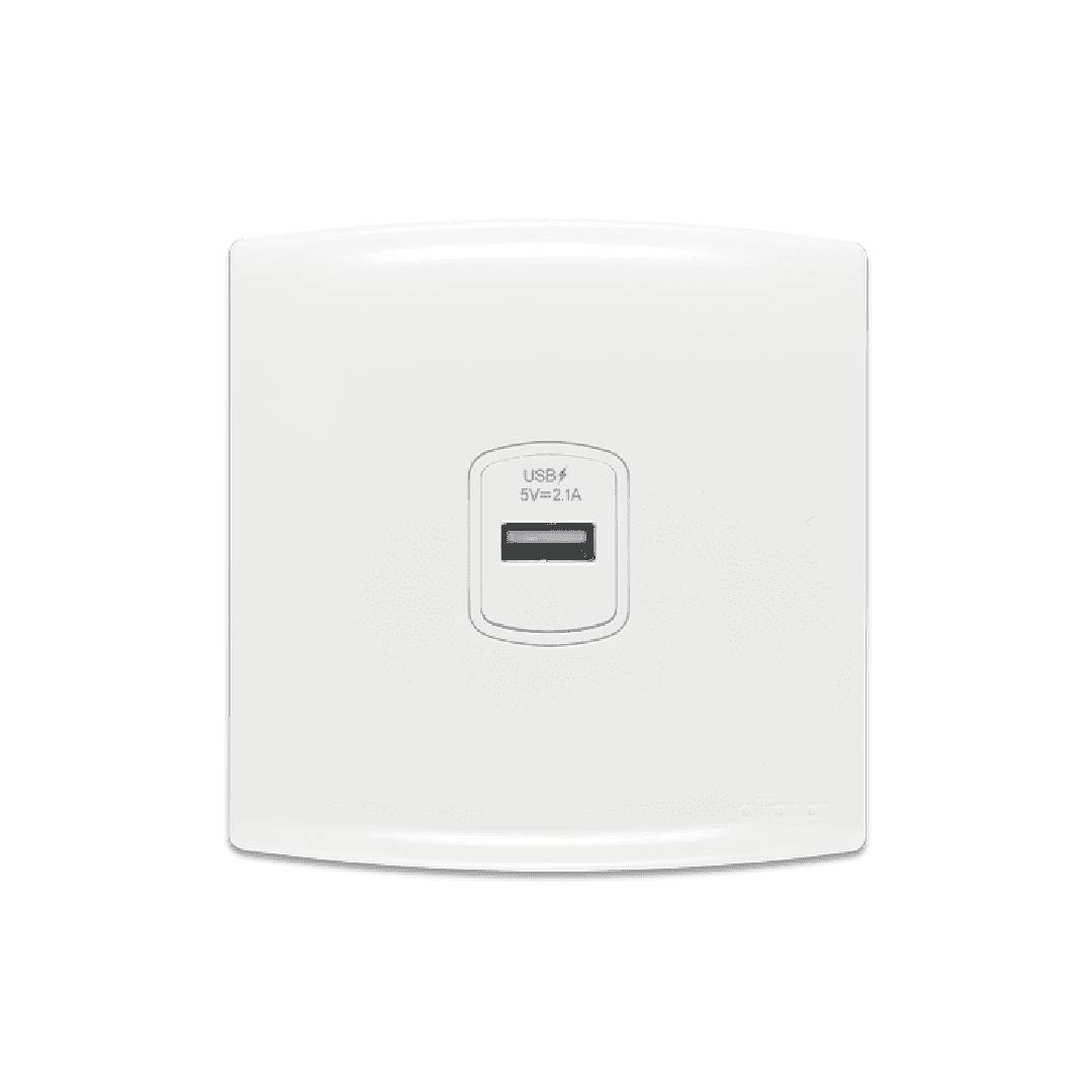 Alfanar AB188 2.1A 5V dedicated wall USB charging socket 7x7 available in white and beige finishes.