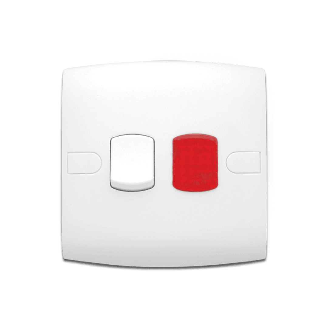 Alfanar AB20113 1 gang 10A electrical switch with neon indicator light 7x7 available in white, beige, and remal finishes.