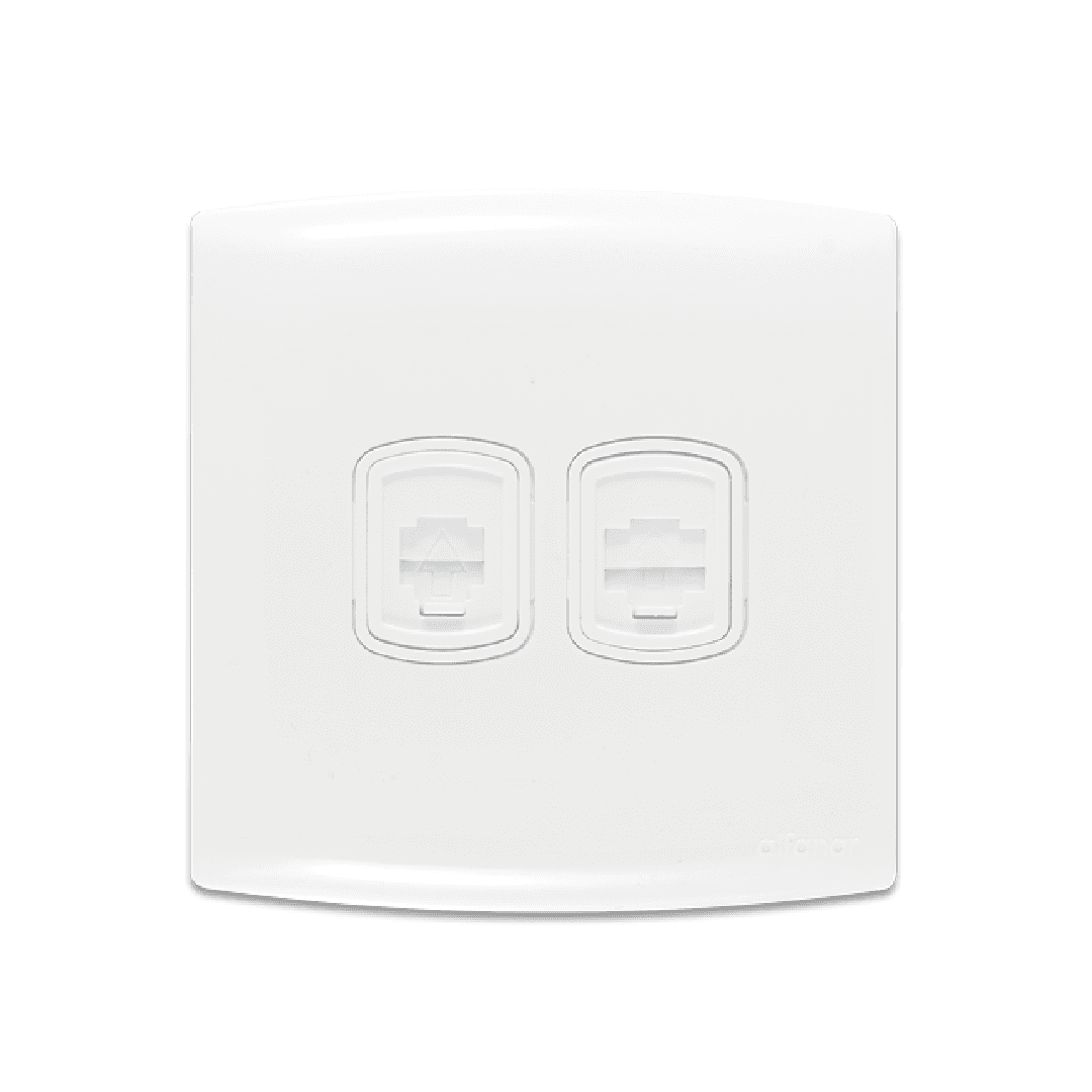 Alfanar AB20637 combined Cat.6 RJ45 data and American RJ11 telephone wall socket 7x7 available in white and beige finishes for office telecommunications.