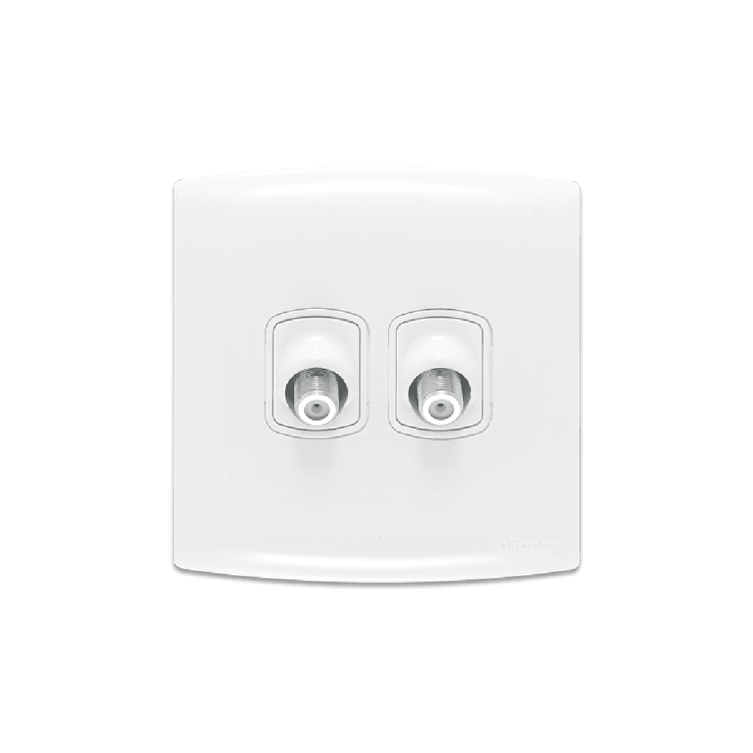 Alfanar AB210A 2 gang dual angular satellite coaxial socket 7x7 available in white and beige finishes for advanced residential media wiring.