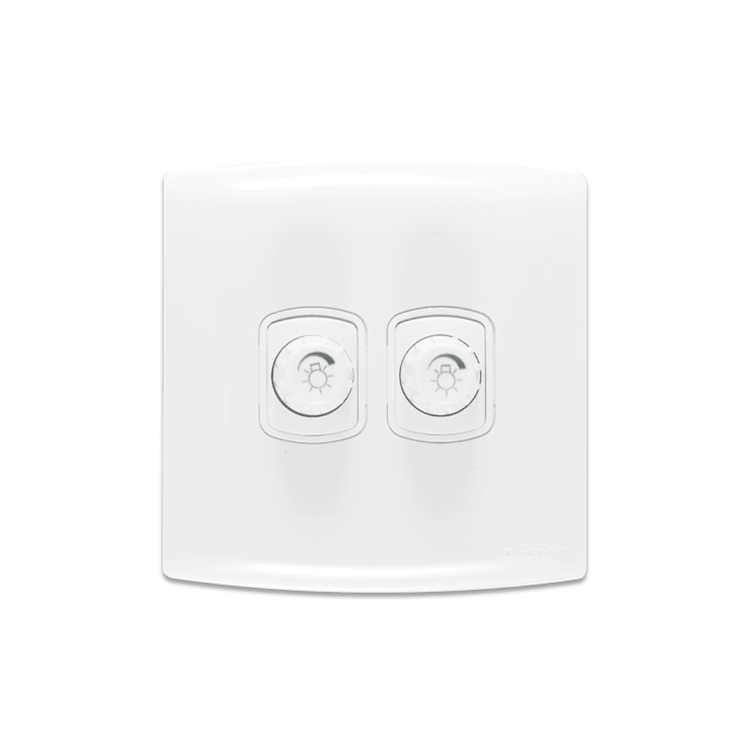 Alfanar AB232 500W 2 gang 2 way rotary lighting dimmer electrical switch 7x7 available in white and beige finishes for multi-location dual zone ambient lighting.