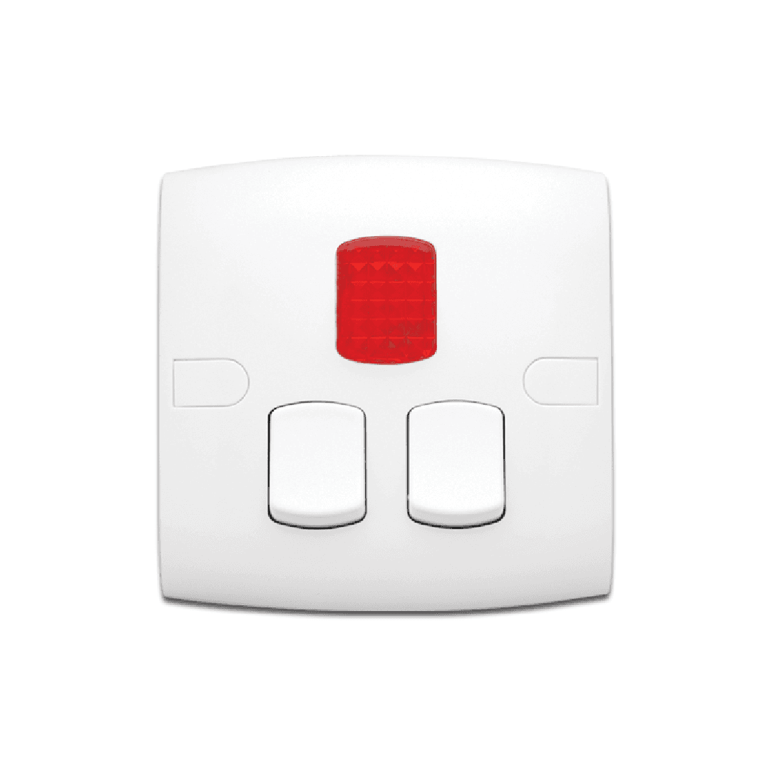 Alfanar AB240113 rectangular 7x14 3 gang 10A electrical switch with neon indicator light, available in white, beige, and remal finishes.