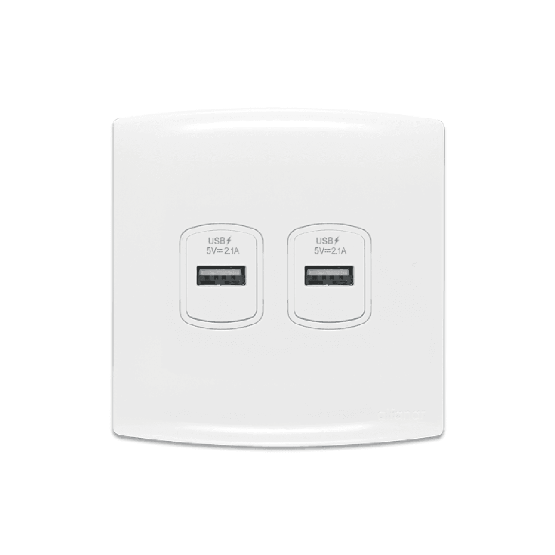 Alfanar AB288 dual 2 gang 2.1A 5V dedicated wall USB charging socket 7x7 available in white and beige finishes.