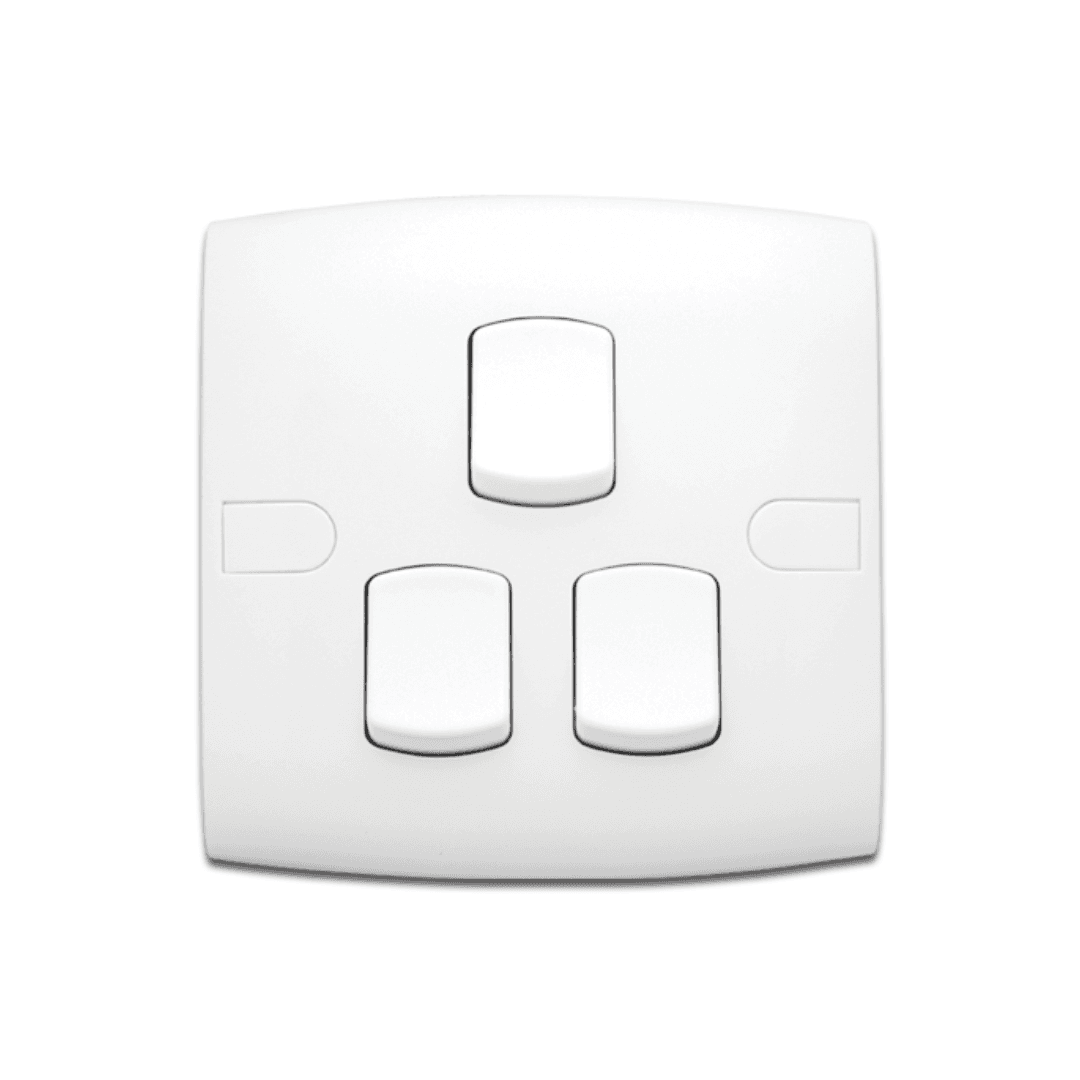 Alfanar AB302 3 gang 2 way 10AX electrical switch 7x7 available in white, beige, and remal finishes for residential and commercial wiring.