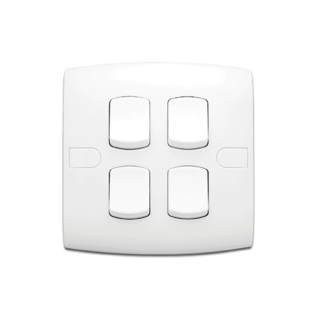 Alfanar AB402 4 gang 2 way 10AX electrical switch 7x7 available in white, beige, and remal finishes for residential and commercial wiring.