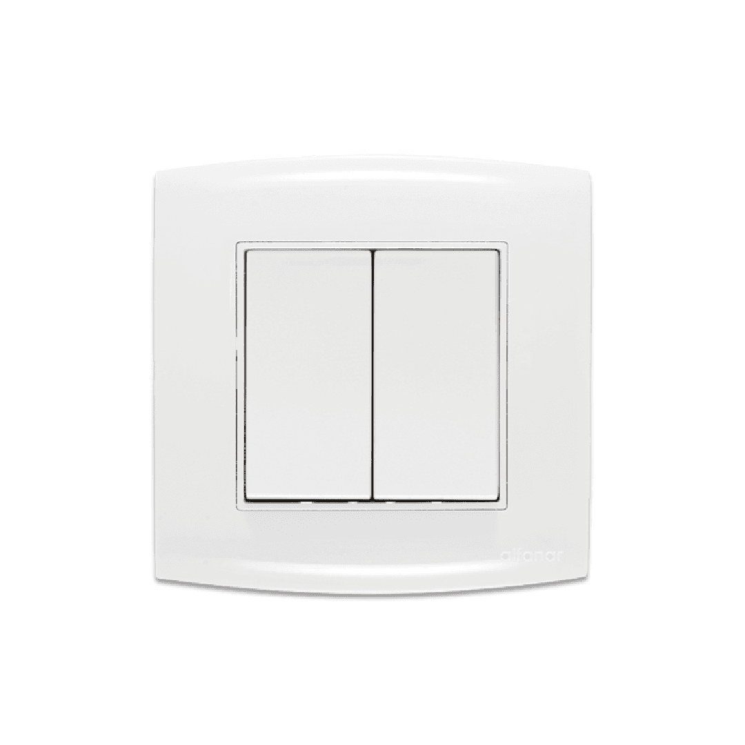 Alfanar ABW202 2 gang 2 way wide rocker electrical switch 10A 7x7 available in white and beige finishes for modern interiors.