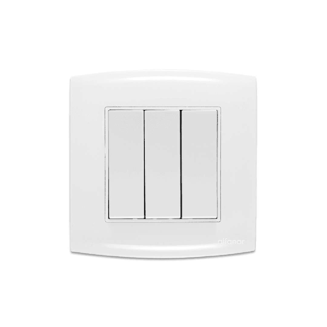 Alfanar ABW302 3 gang 2 way wide rocker electrical switch 10A 7x7 available in white and beige finishes for modern commercial wiring.