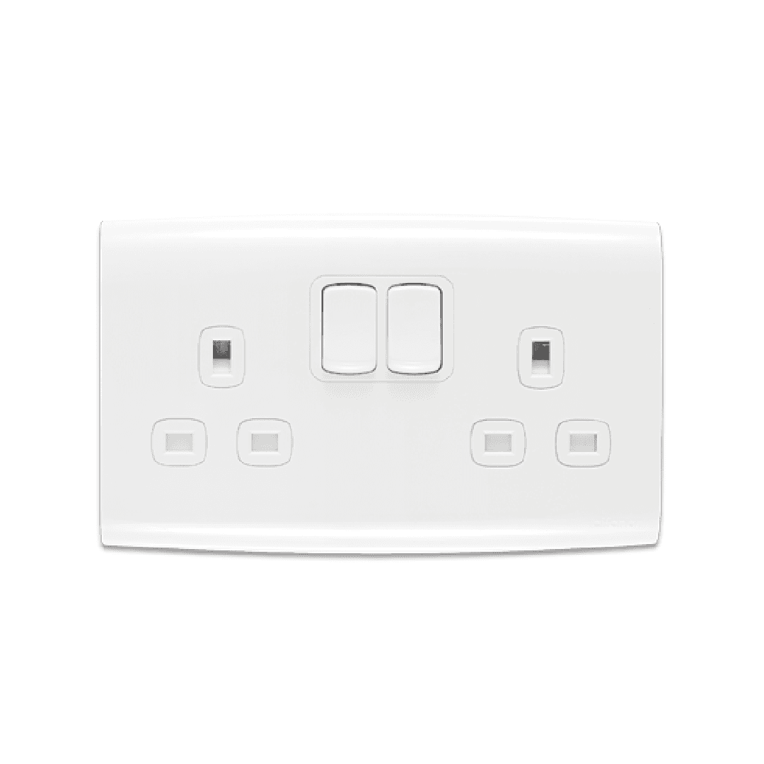 Alfanar AN13 2 gang 13A double pole switched electrical socket 7x14 available in white and beige finishes.