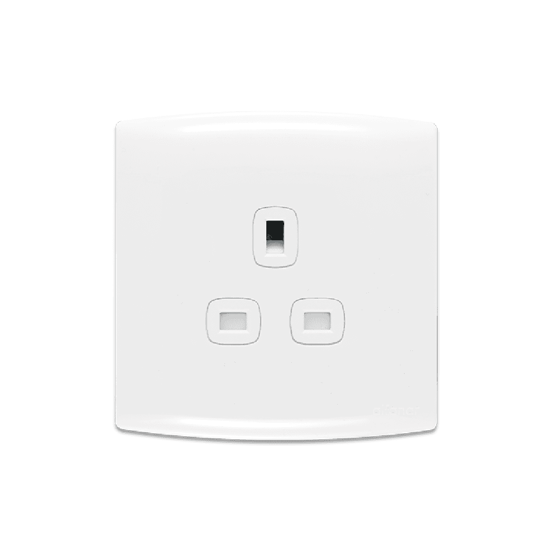 Alfanar AN14 1 gang 13A unswitched electrical socket 7x7 available in white and beige finishes for residential wiring.