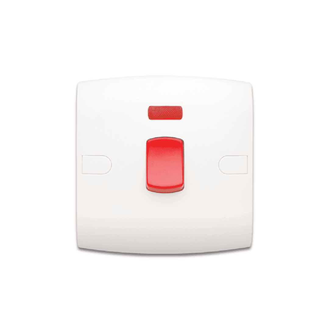 Alfanar AN17 ultra heavy-duty 45A double pole electrical switch with LED indicator 7x7 available in white, beige, and remal finishes.