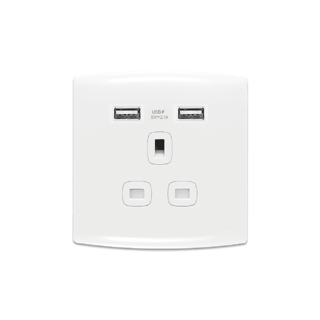 Alfanar AN98 13A electrical socket with dual 2.1A USB charging ports 7x7 available in white and beige finishes for modern interiors.
