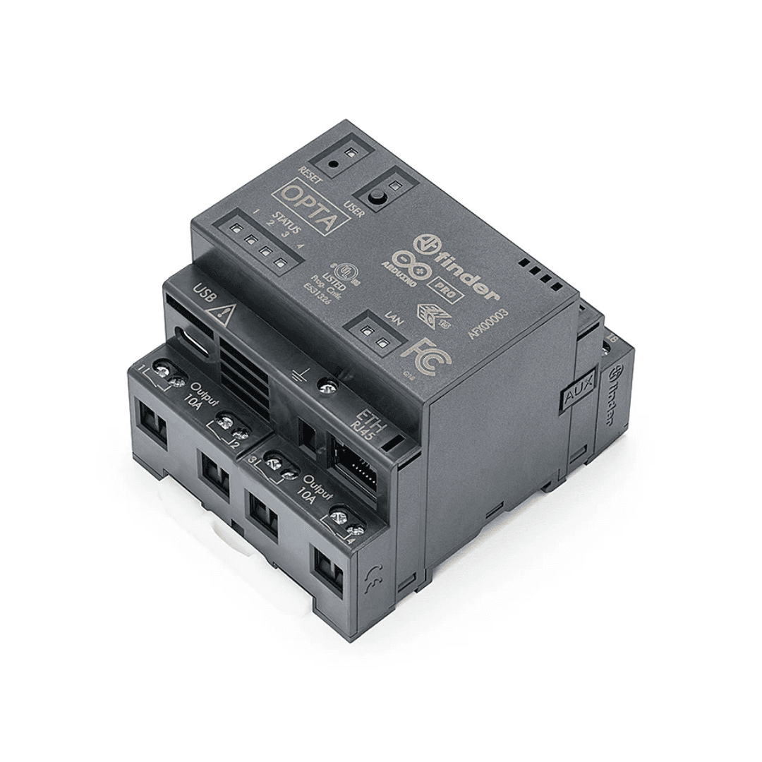 Arduino Opta Lite micro PLC DIN-rail module showing Ethernet port, USB-C, and electrical terminals.