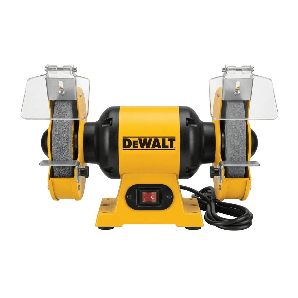 DeWALT DW752R-B5 Bench Grinder with dual 152mm wheels and adjustable spark guards for workshop use.