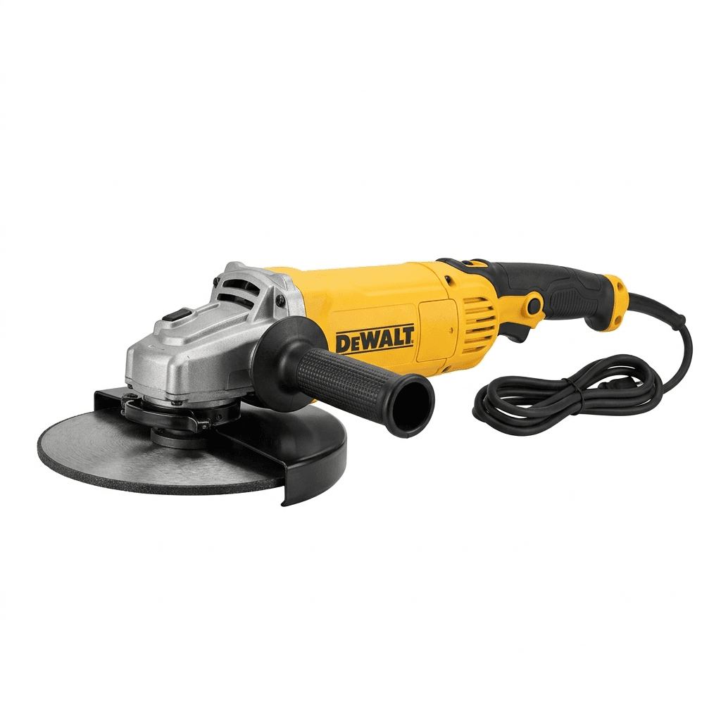 DeWALT DWE492-B5 230mm Large Yellow Angle Grinder with trigger switch and protective guard for industrial-scale cutting.