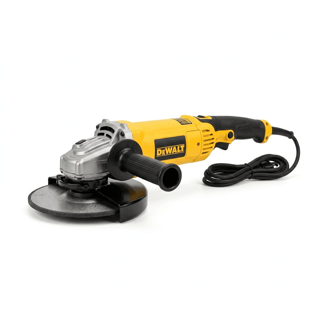 DeWALT DWE493-B5 180mm Large Angle Grinder in yellow and silver with powerful 2200W motor for heavy-duty metal work.
