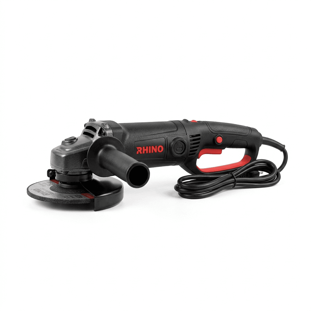 Rhino 840W 125mm Angle Grinder with ergonomic paddle switch and lightweight design for industrial safety.