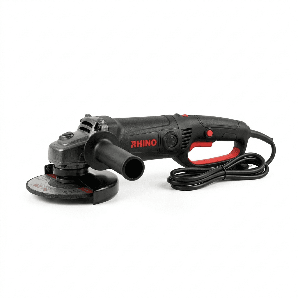 Rhino 115mm Angle Grinder (840W) featuring a safety paddle switch and ergonomic 1.8kg body for professional metalwork.