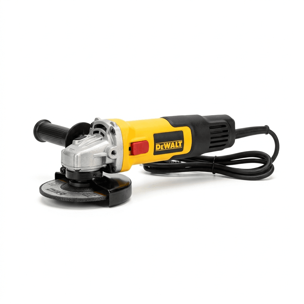 DeWALT DWE4010-B5 115mm Yellow Angle Grinder with side handle and slide switch for professional metal grinding.