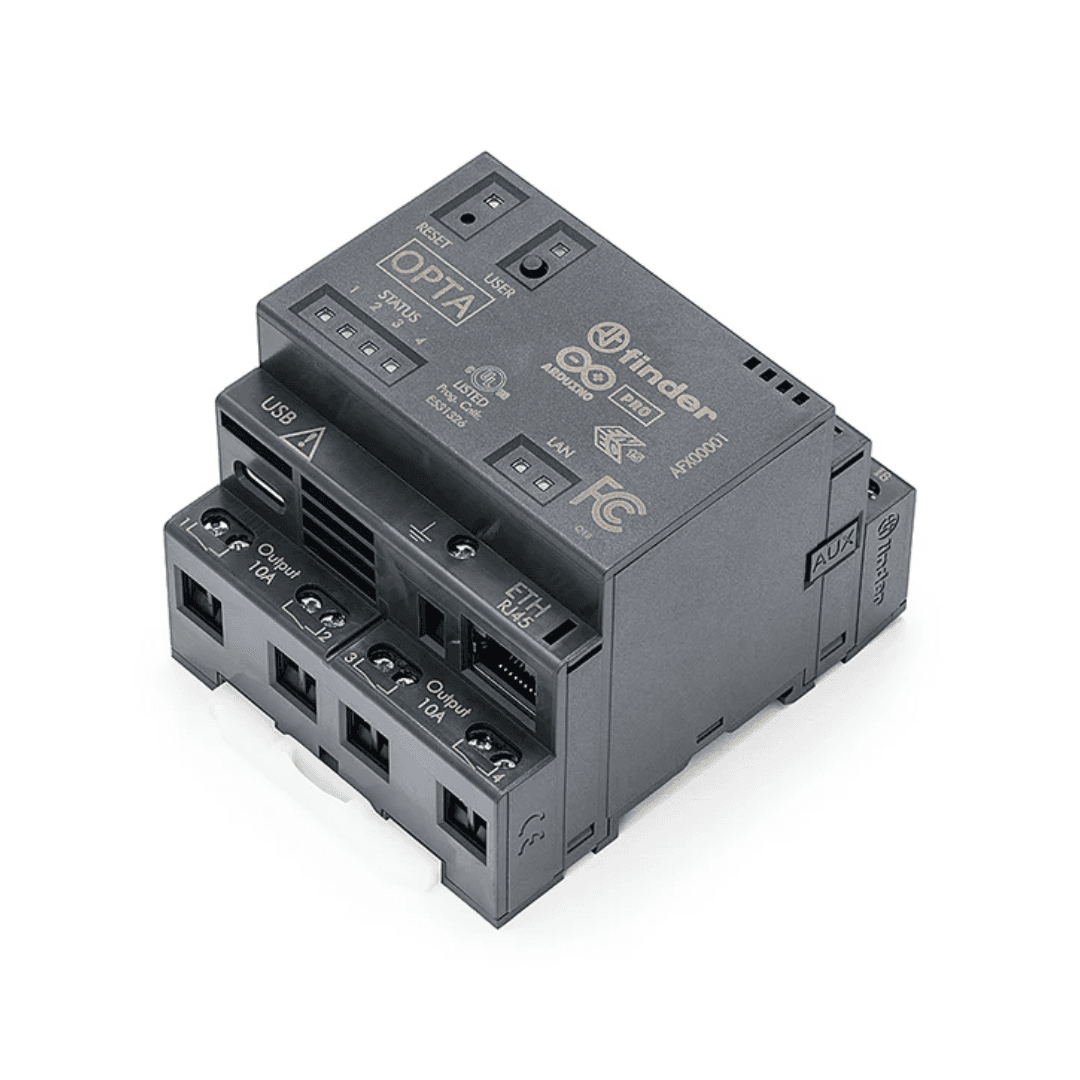 Arduino Opta RS485 micro PLC DIN-rail module showing RS485 port, Ethernet, and relay terminals.