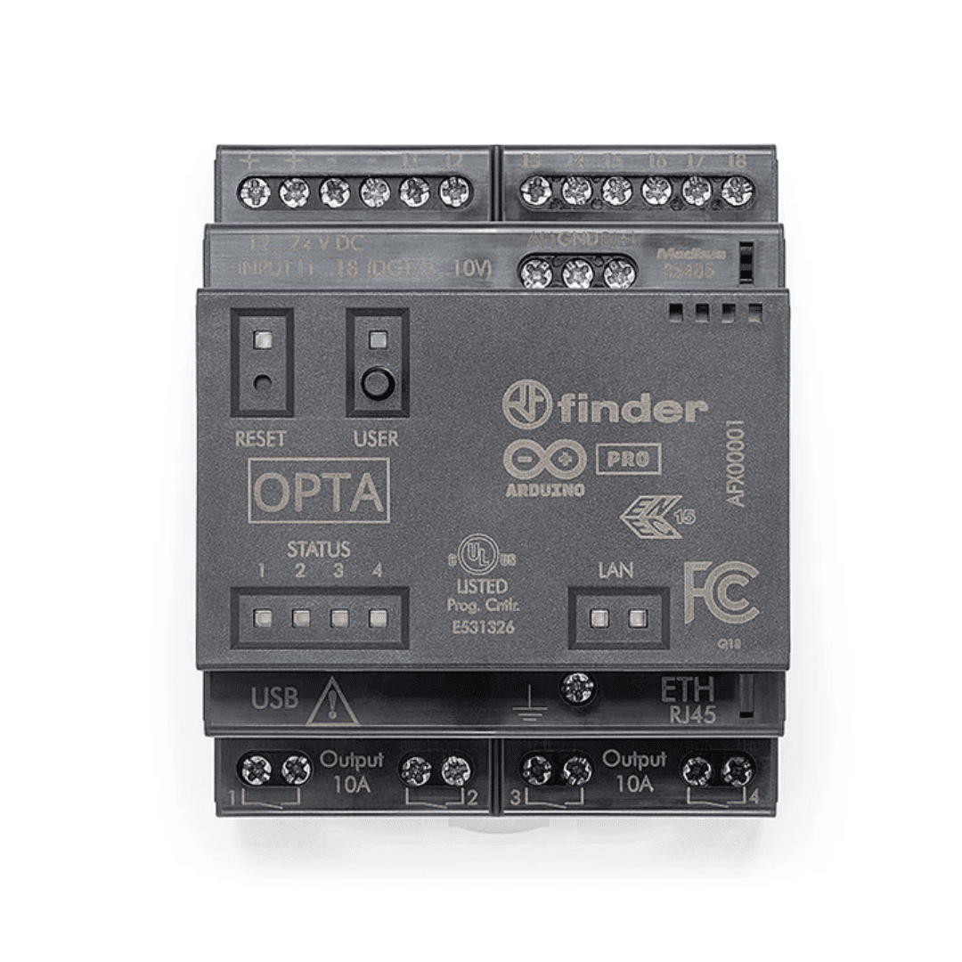 Arduino Opta RS485 micro PLC DIN-rail module showing RS485 port, Ethernet, and relay terminals. - Thumbnail 2