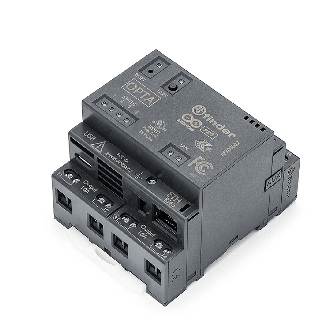 Arduino Opta WiFi micro PLC DIN-rail module highlighting wireless connectivity, Ethernet, and relay terminals.