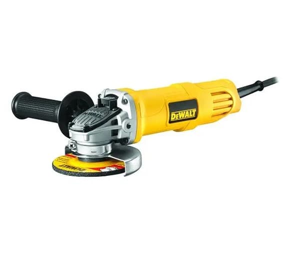 DeWALT DWE4002-B5 Yellow 100mm Small Angle Grinder with paddle switch and slim grip design for metalwork.