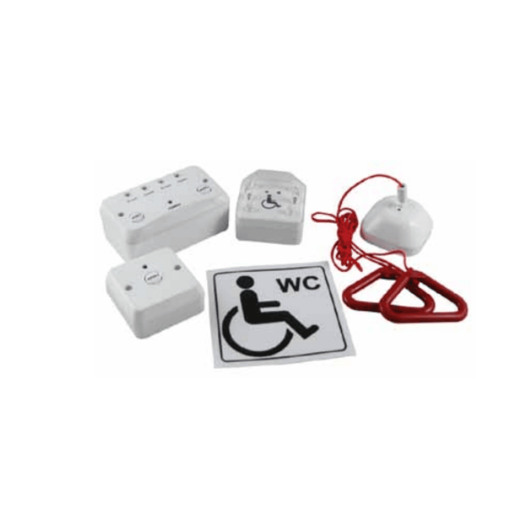 DPTA-KIT1 Disabled Toilet Alarm System kit including control panel, pull cord, and remote reset button.