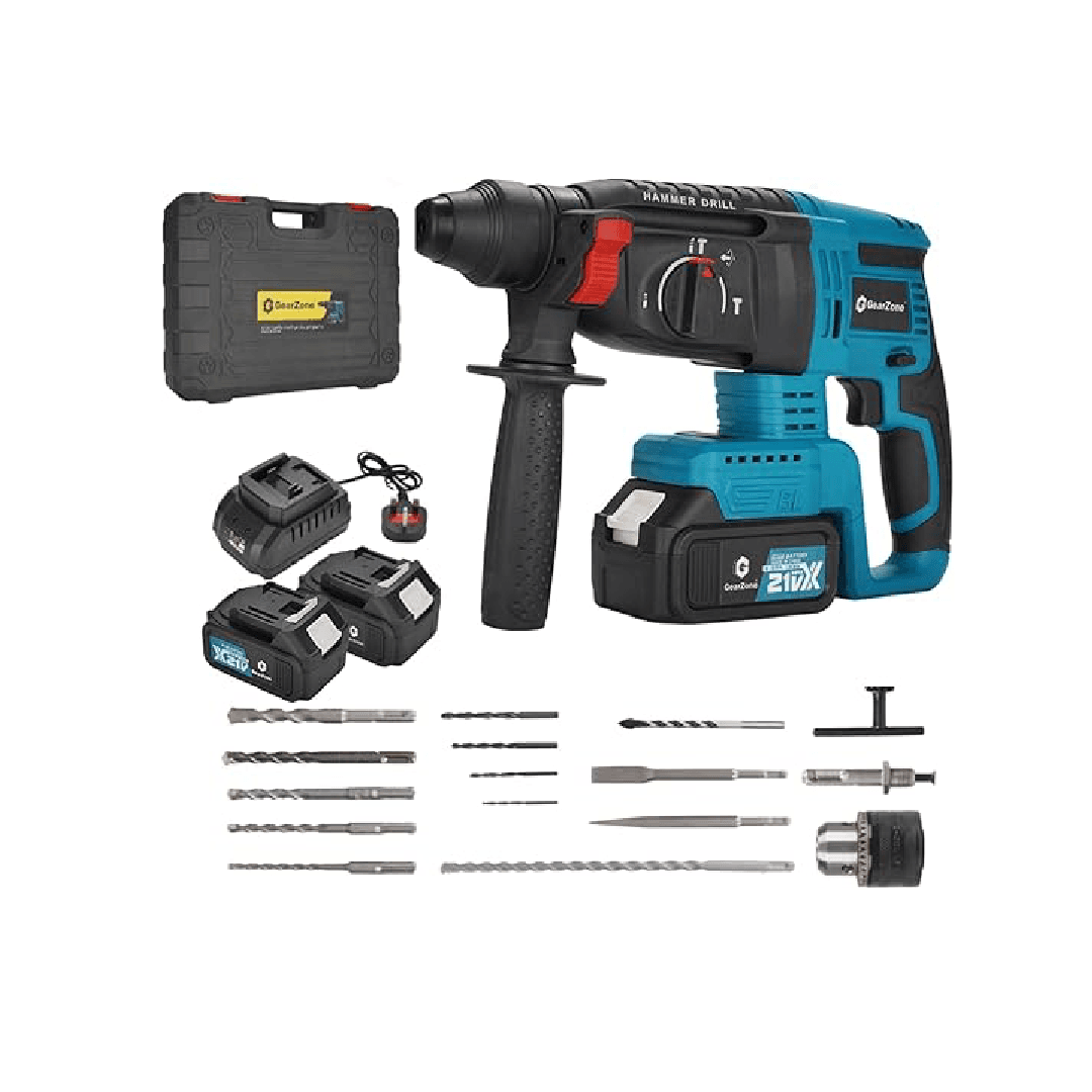 GearZone 21V Blue Cordless Hammer Drill with two batteries, bits set, and a heavy-duty carrying case for masonry and metal work. - Thumbnail 1
