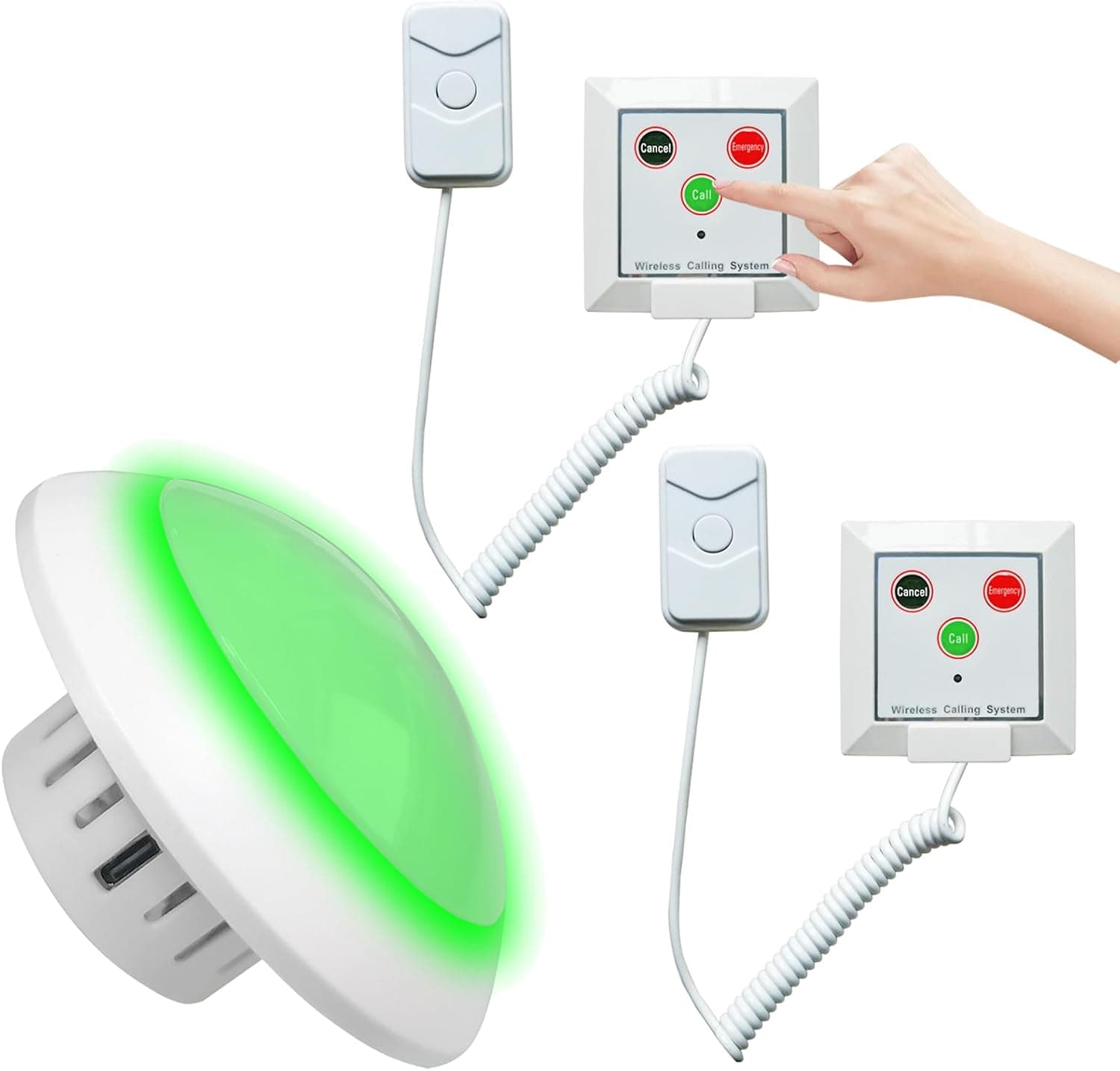 wireless caregiver pager system showing one 3-color LED corridor door light receiver and two waterproof SOS call buttons with extension cords.