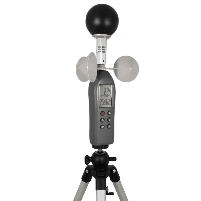 AZ 87785 handheld WBGT heat stress meter featuring a 3-cup wind speed sensor and black globe for industrial safety monitoring.