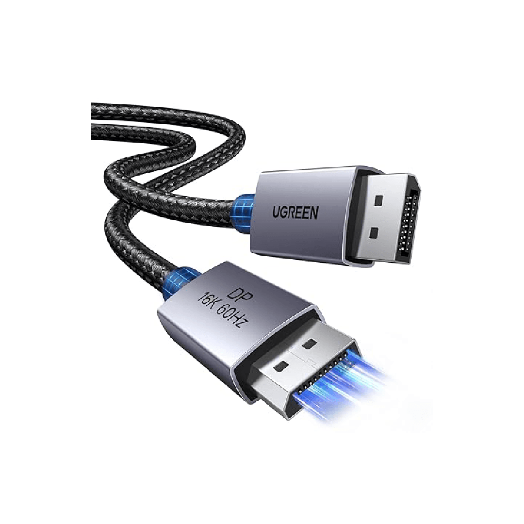 UGREEN 1M gray nylon braided DisplayPort 2.1 cable featuring aluminum connectors for 16K 60Hz and 4K 240Hz video output.