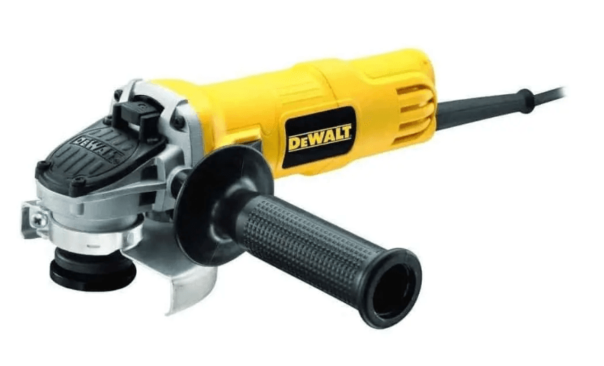 DeWALT DWE4001 100mm 110V angle grinder with toggle switch and ergonomic slim design.
