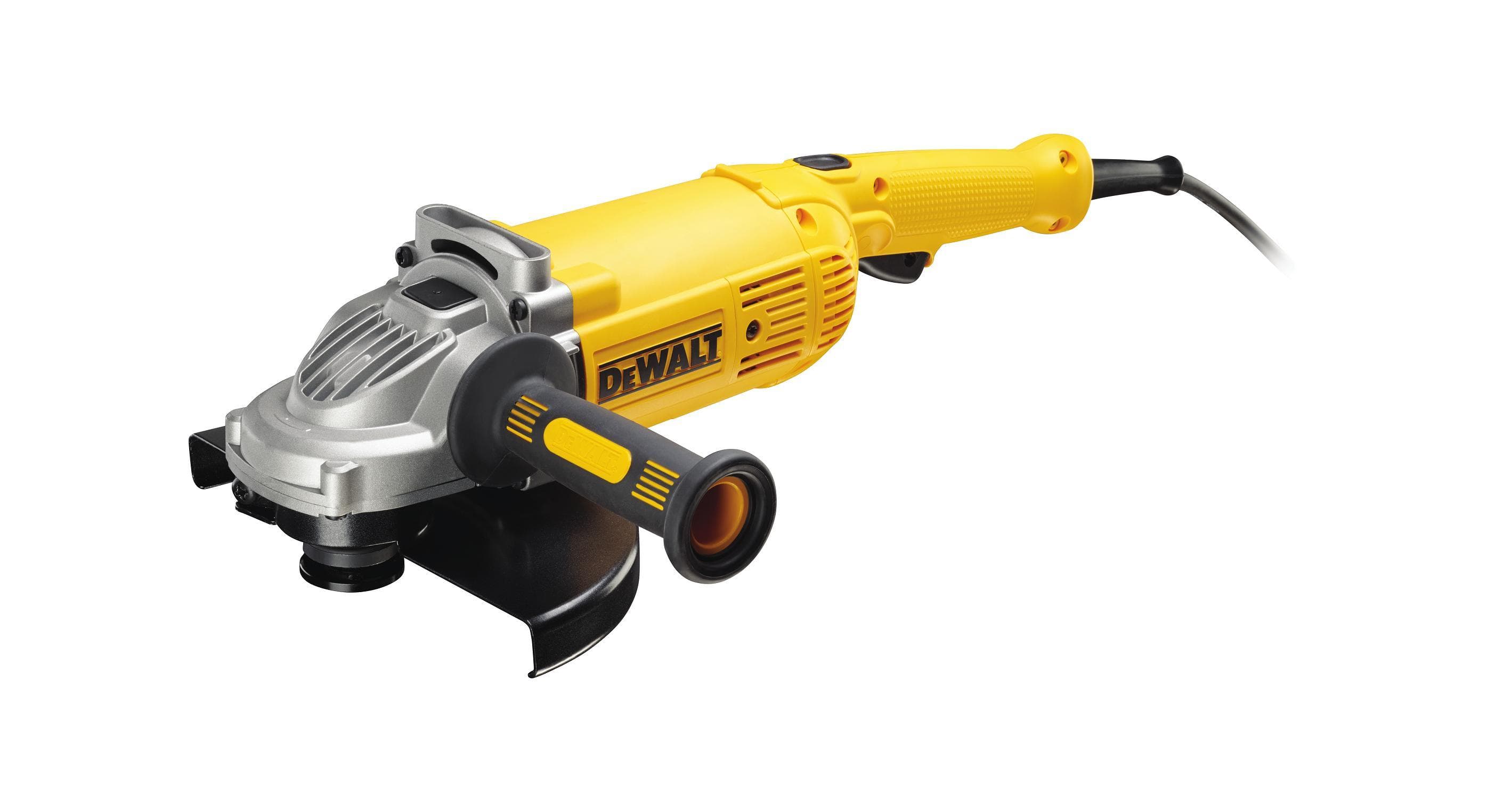 DeWALT DWE493-B5 180mm angle grinder in yellow and silver with two-position side handle and spindle lock.