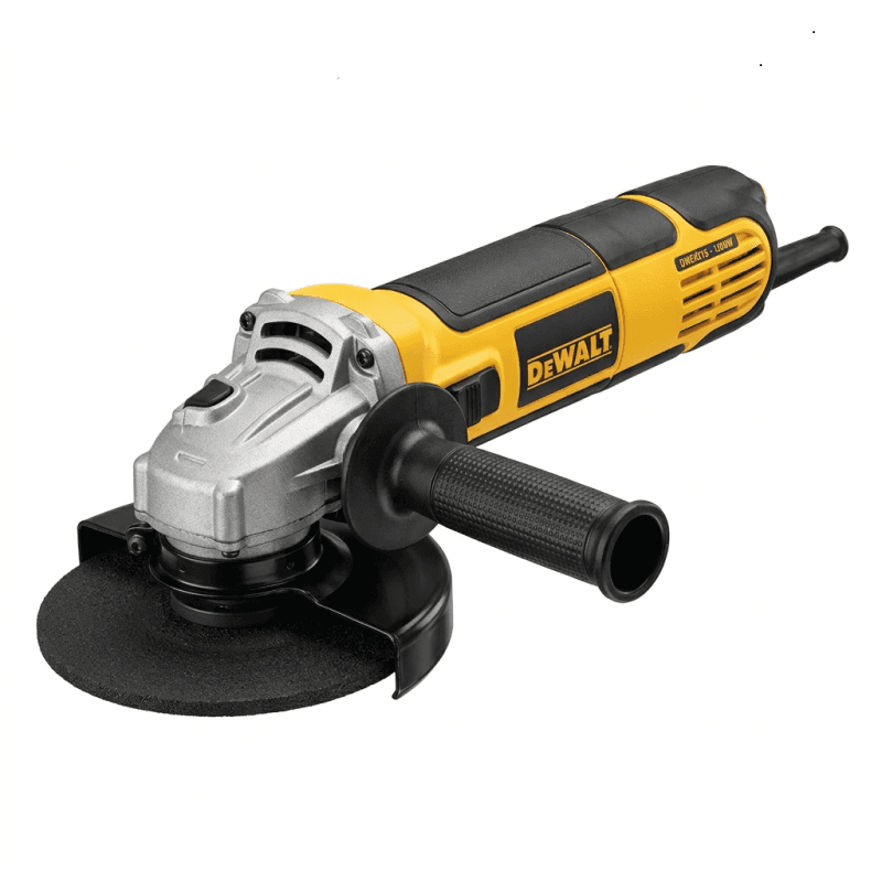 DeWALT DWE4215 125mm small angle grinder in yellow and black with slide switch and compact gear case.