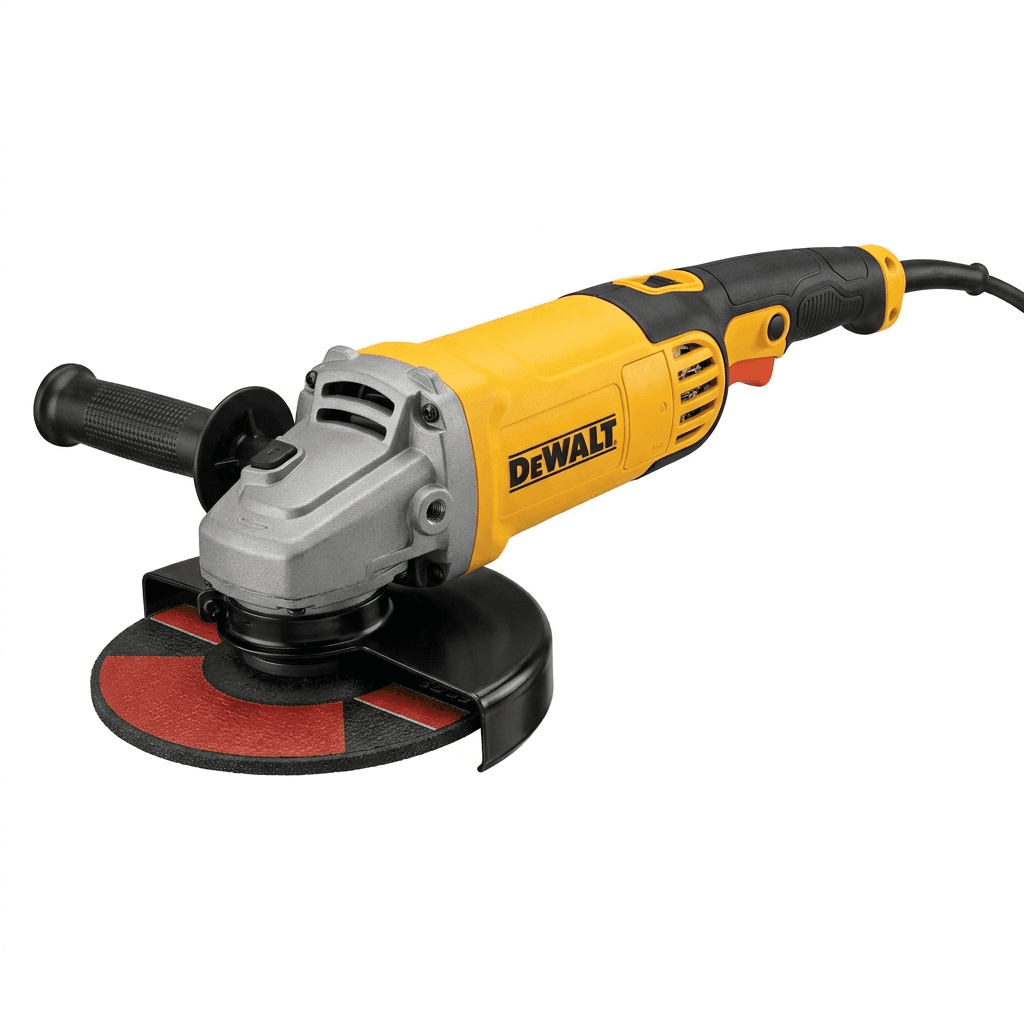 DeWALT DWD28492-110F 230mm Large Angle Grinder in yellow and black, 110V industrial version for heavy-duty grinding.