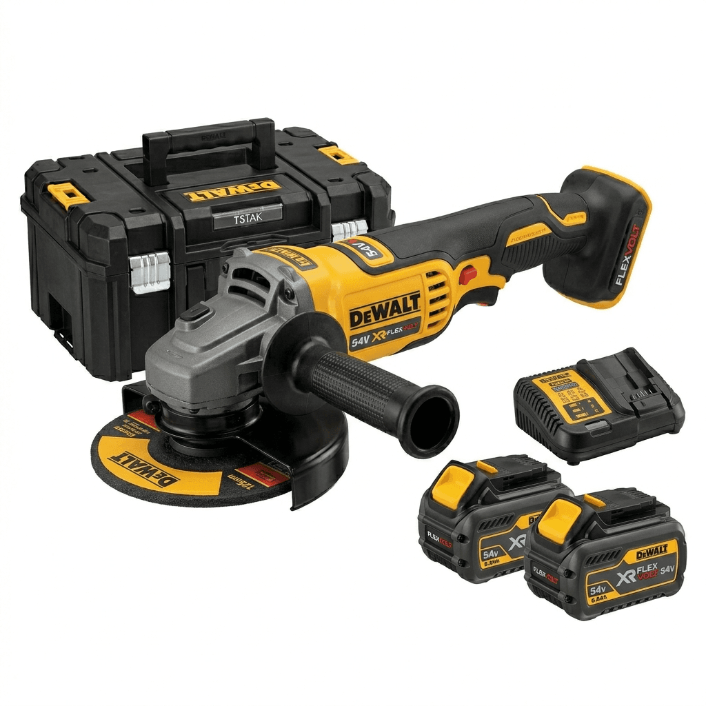 DeWALT DCS414T2 54V FLEXVOLT angle grinder kit with two batteries, charger, and protective TSTAK carrying case.