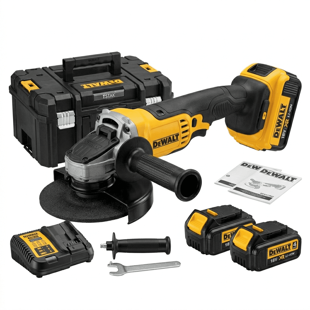 DeWALT DCG412M2 cordless grinder kit with two 4.0Ah batteries, charger, and heavy-duty carrying case.