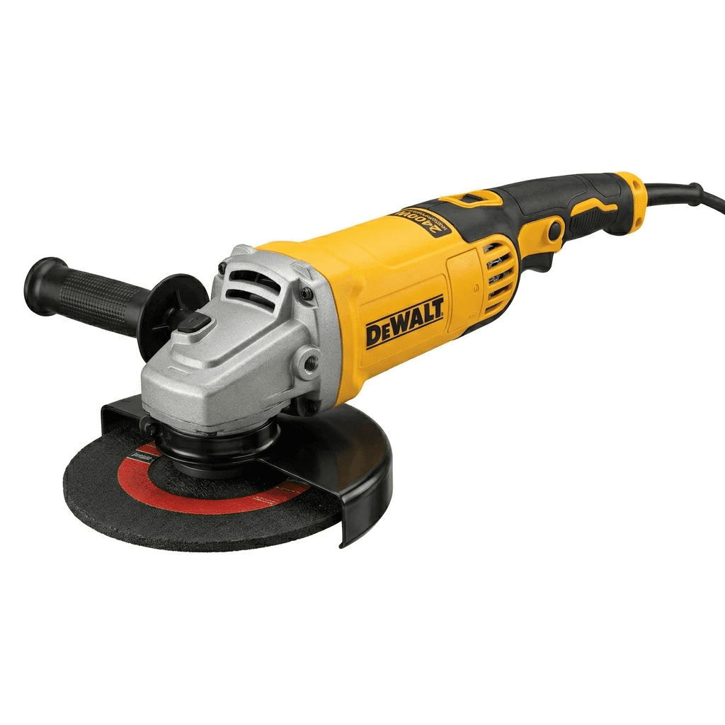 DeWALT DWE4557-B5 180mm Angle Grinder with yellow body and black anti-vibration handle for professional grinding.