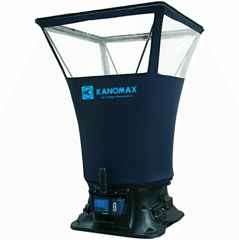 Kanomax 6710 Tabmaster airflow capture hood being used to measure air volume from a ceiling diffuser.