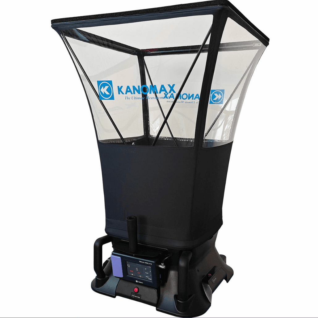 Kanomax 6720 Tabmaster lightweight airflow capture hood being used for professional building HVAC verification.