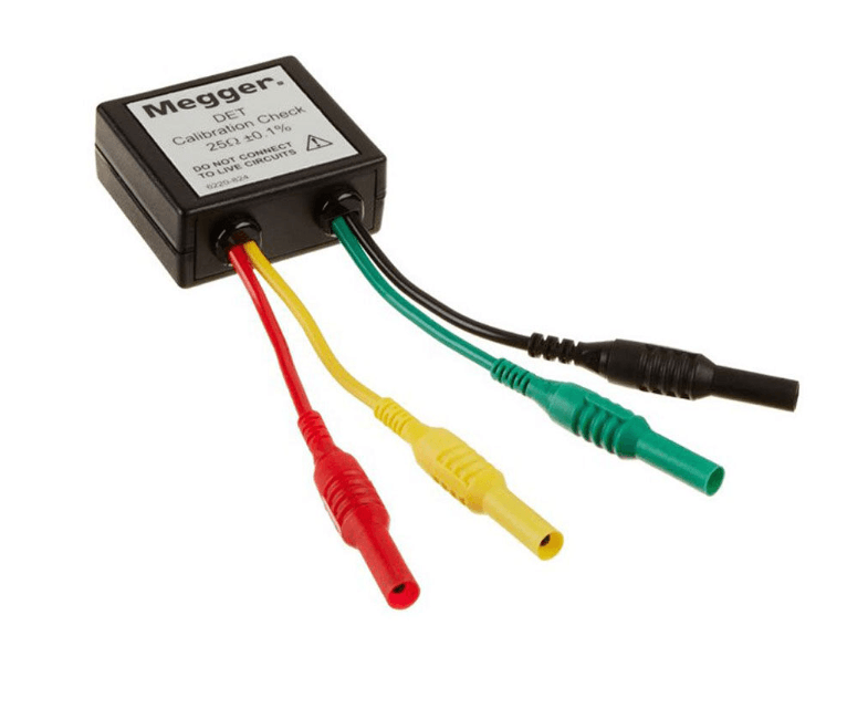 Megger 1000-435 calibration check box showing 25 ohm resistance reference for earth tester performance verification.