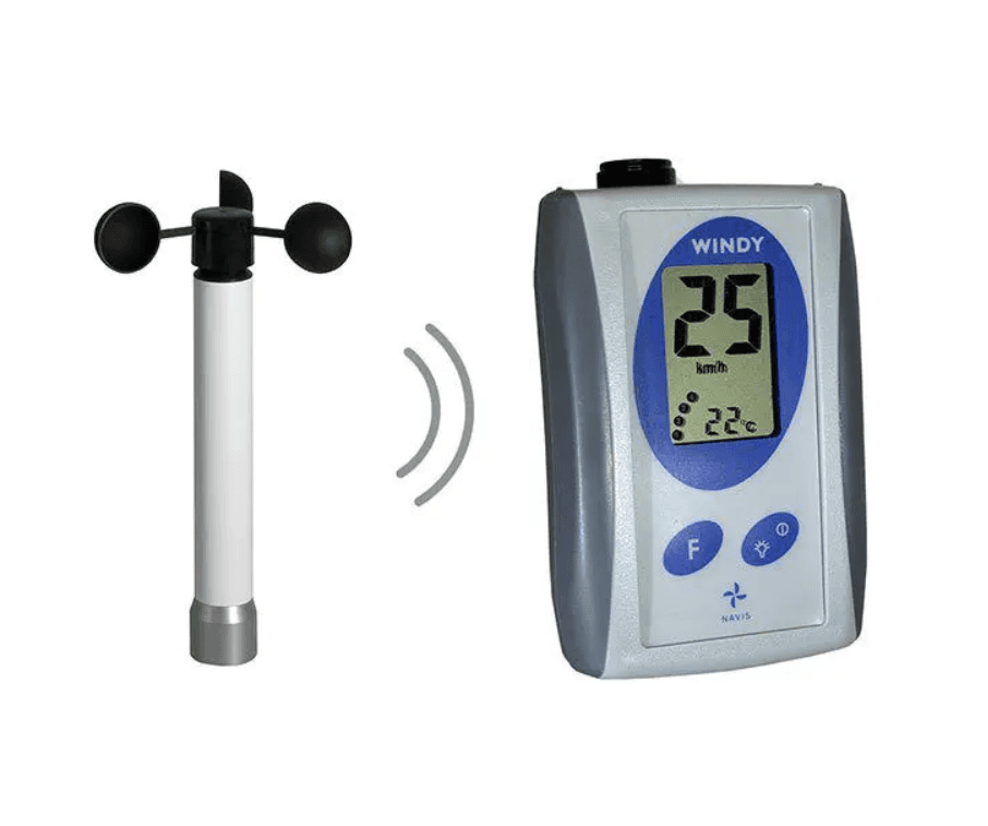 Navis WR3B wireless anemometer system showing the handheld display and cup sensor for industrial wind monitoring.