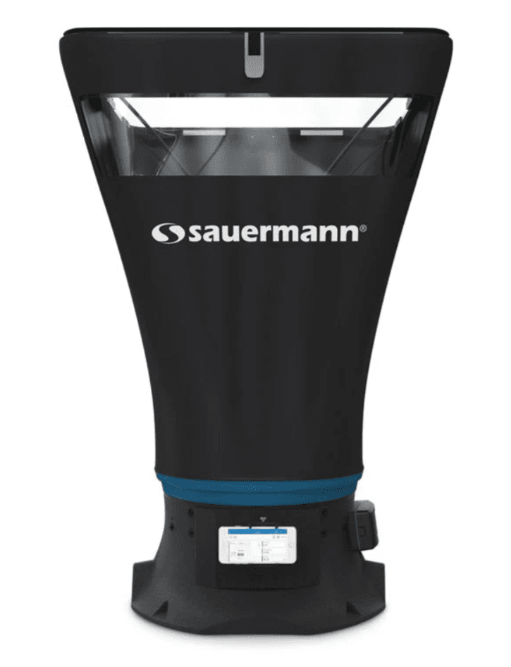 Sauermann DBM 620 digital air flow meter kit featuring foldable frame and smartphone integration for professional HVAC balancing.
